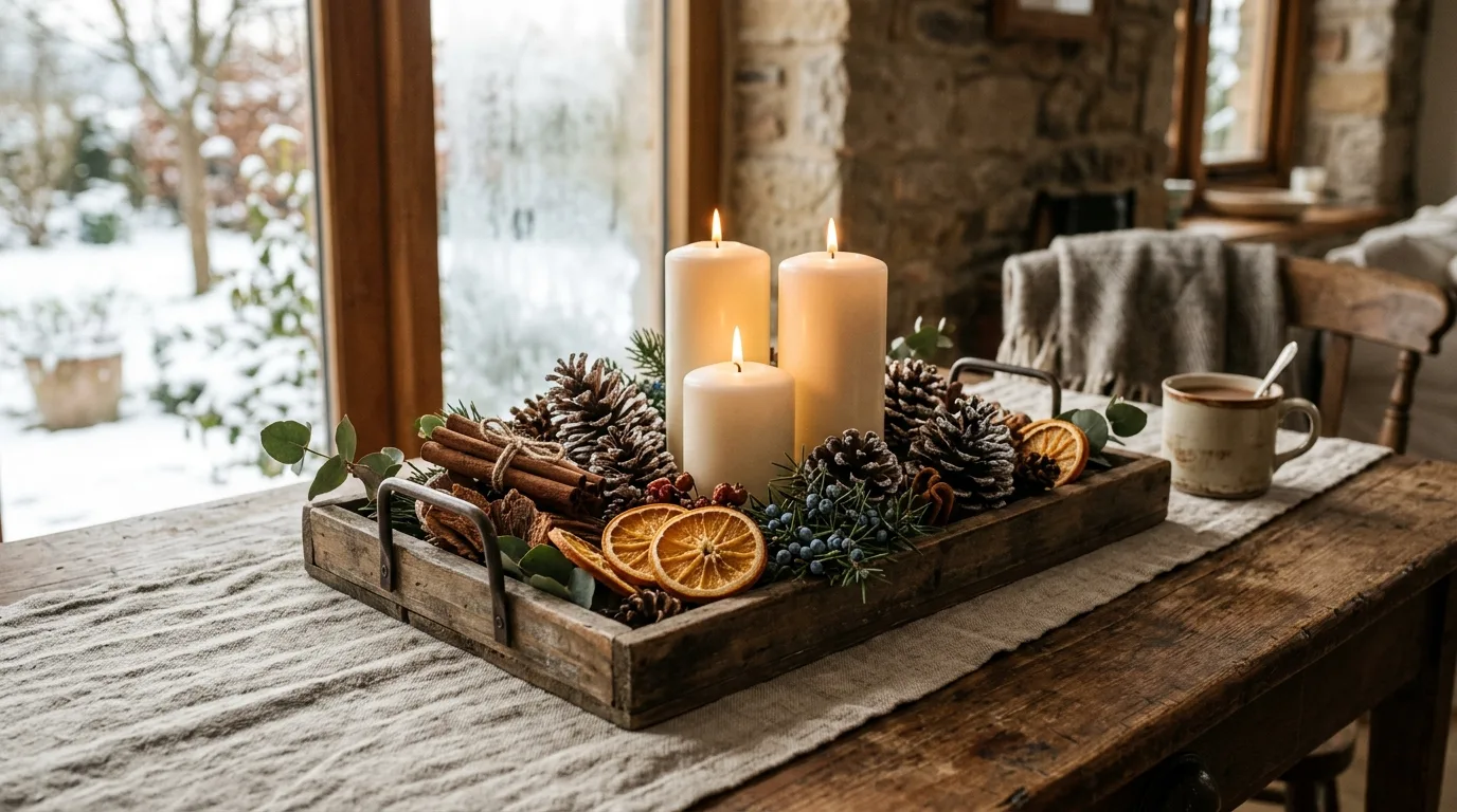 Keep the scale low enough for real conversation across the table inspiration for a holiday dining table centerpiece.